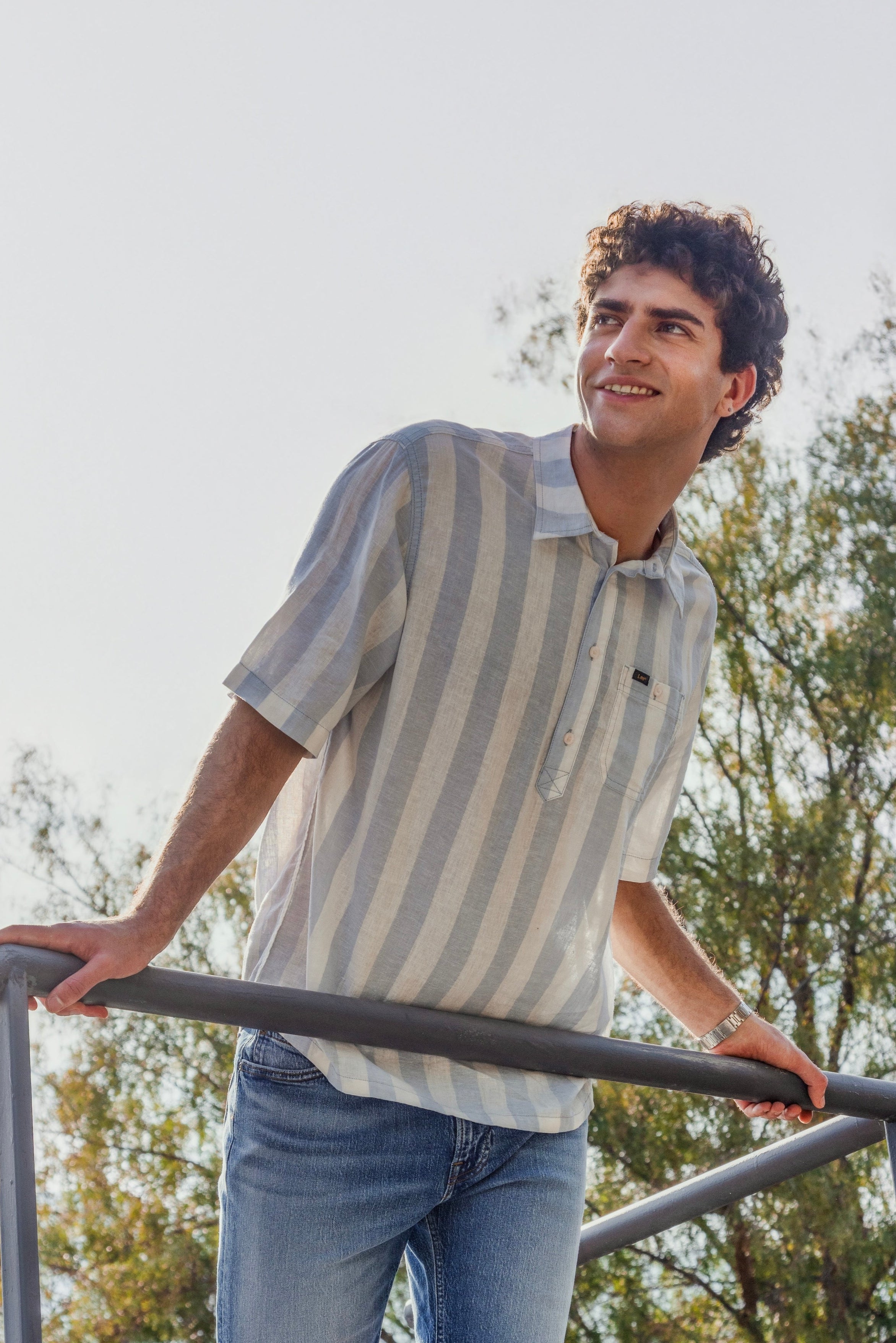 Camisa Hombre Stripes Lino Celeste