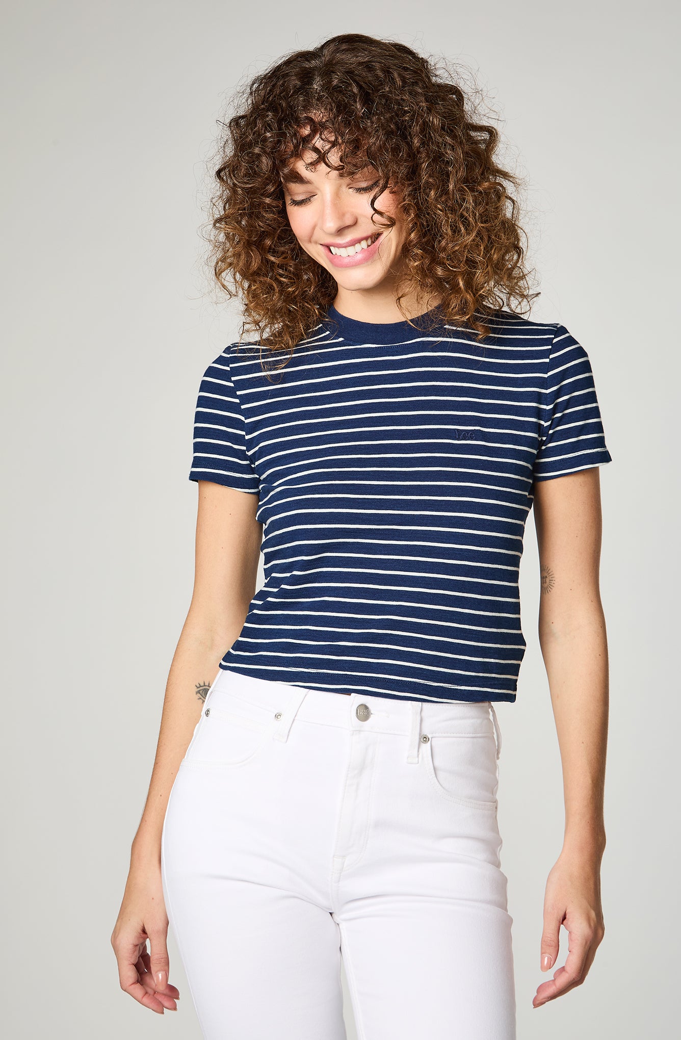 Polera Mujer Cropped Tee Indigo Stripes Blue