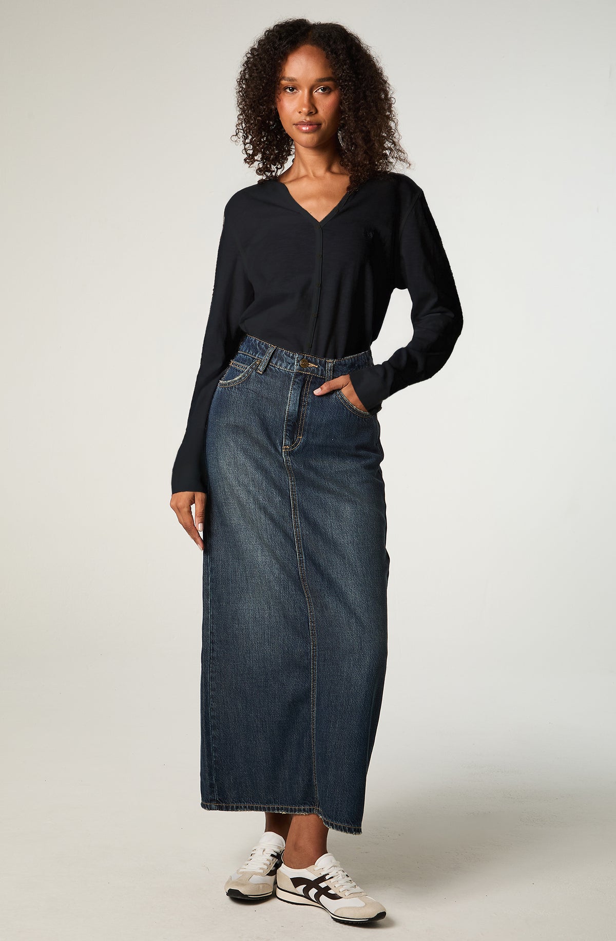 Polera ML Mujer Regular Negro Henley