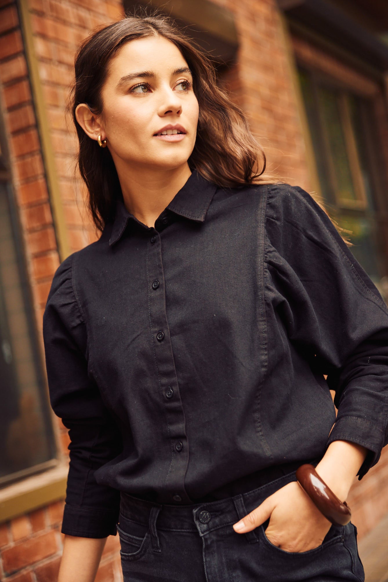 Blusa Mujer Volume Sleeve Shirt Black Yonder