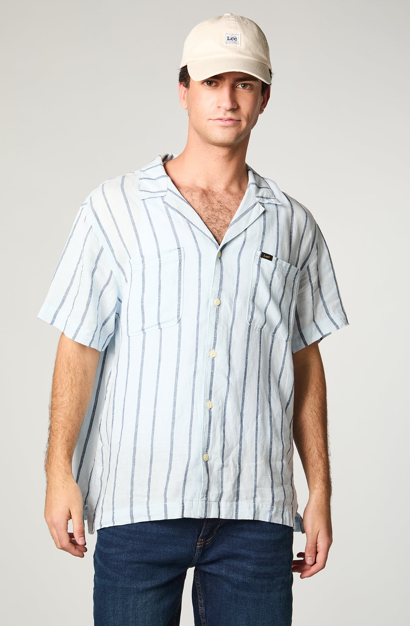 Camisa Hombre Two Pocket Lino Celeste