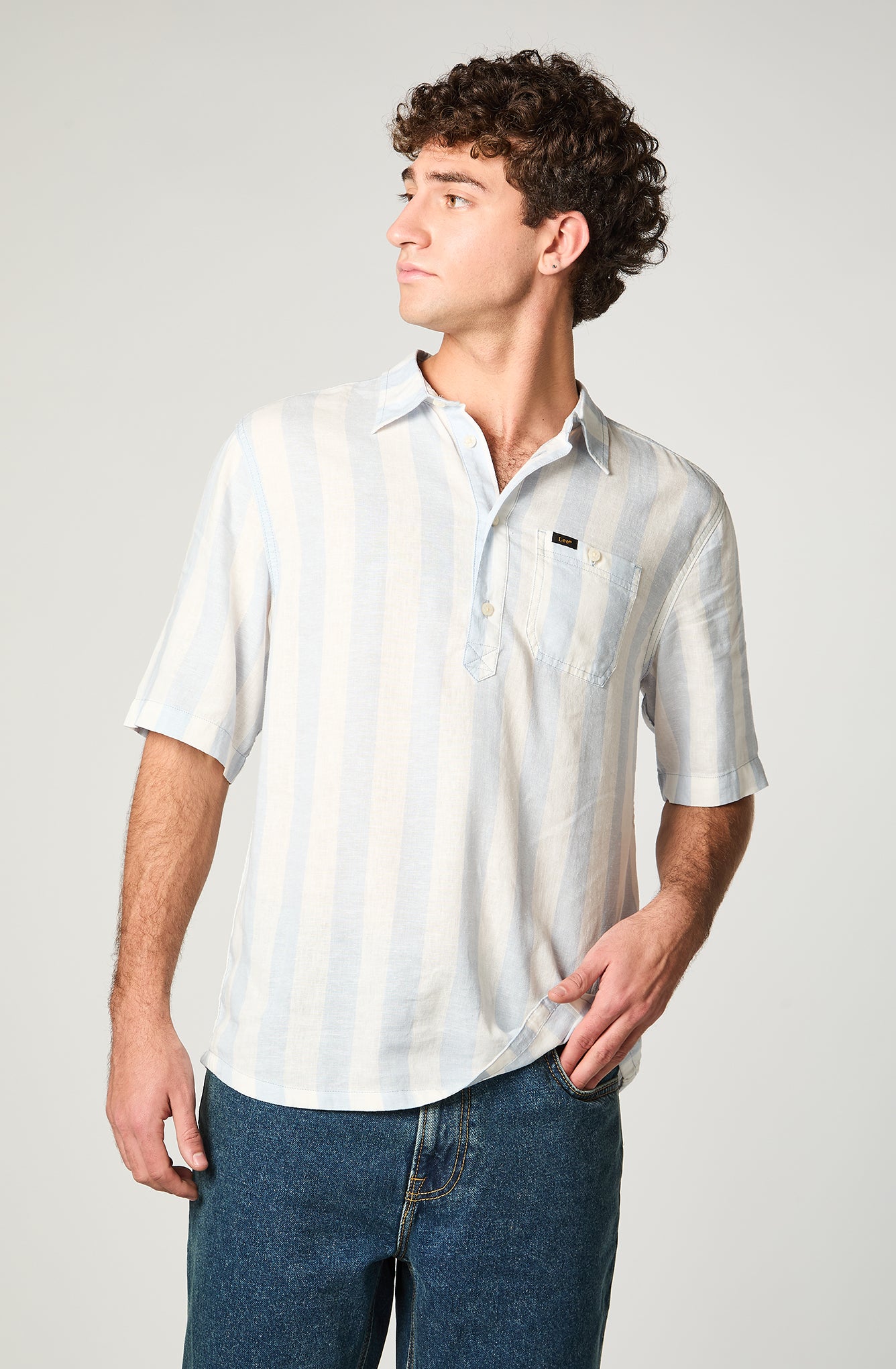 Camisa Hombre Stripes Lino Celeste