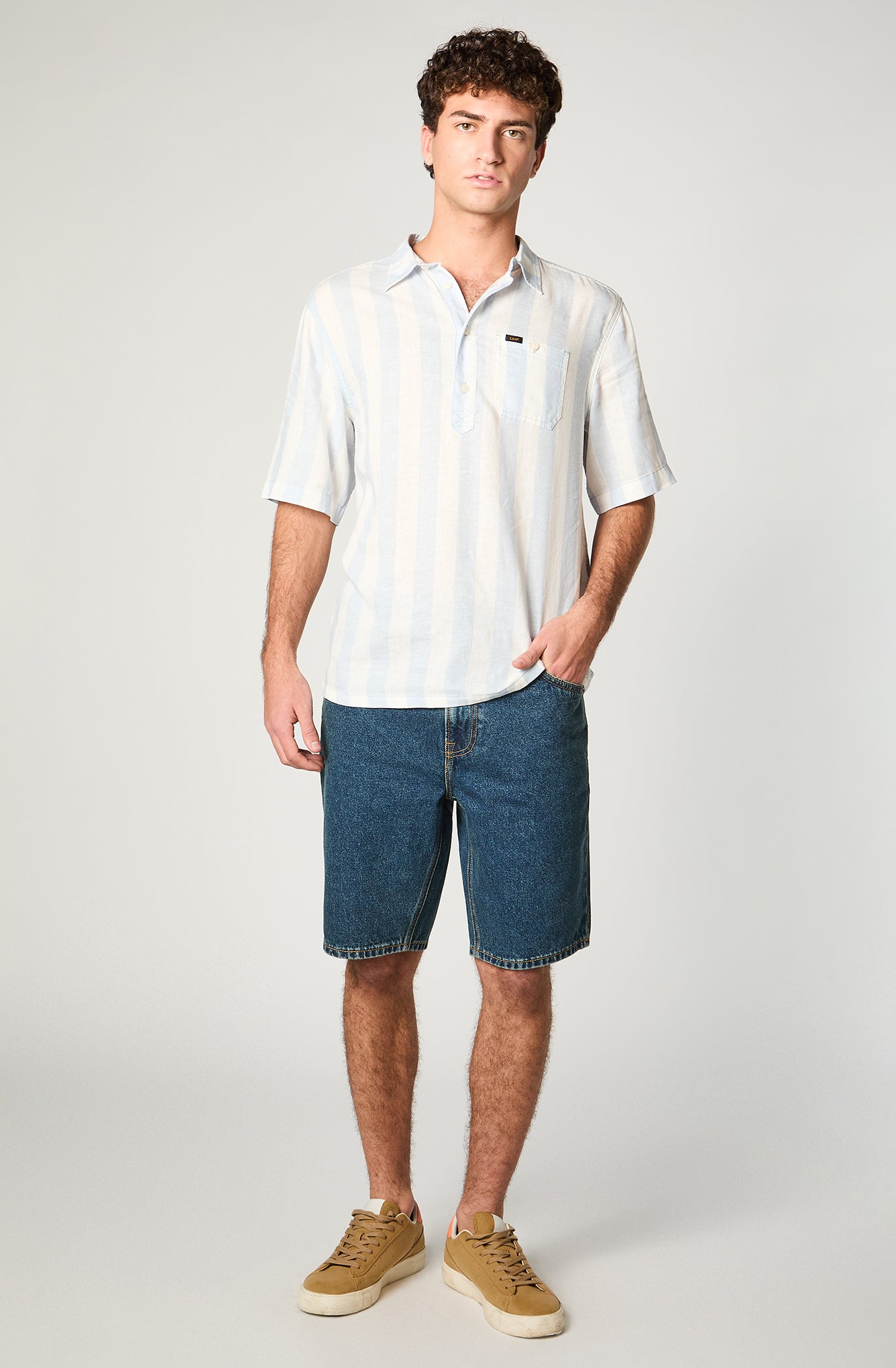 Camisa Hombre Stripes Lino Celeste