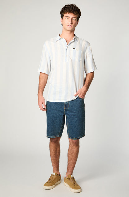 Camisa Hombre Stripes Lino Celeste