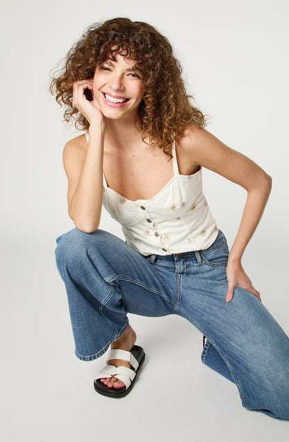 Camisa Mujer Embroidery top Beige