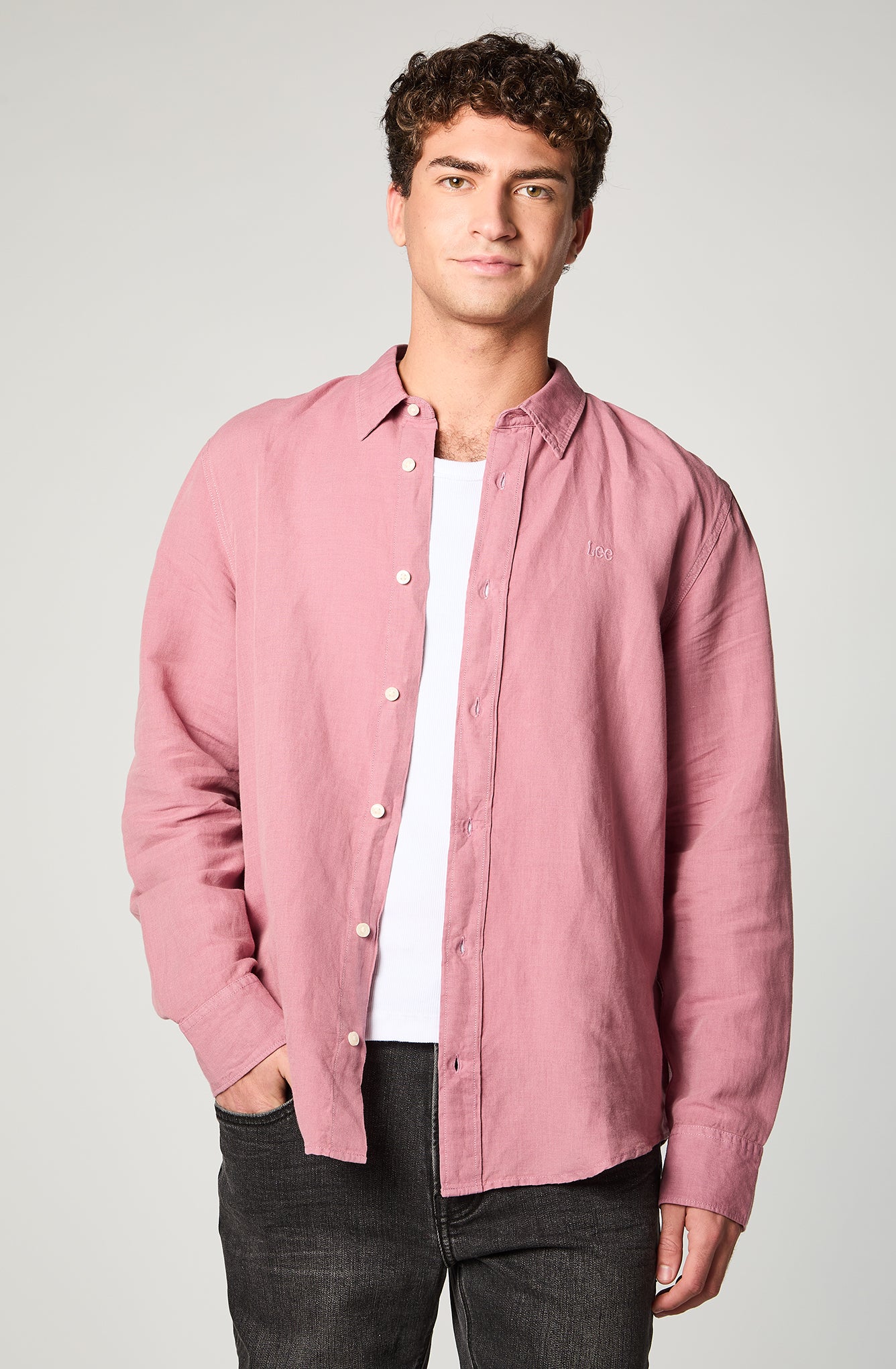 Camisa Hombre Patch Shirt / Ls Clean Linen Rosado
