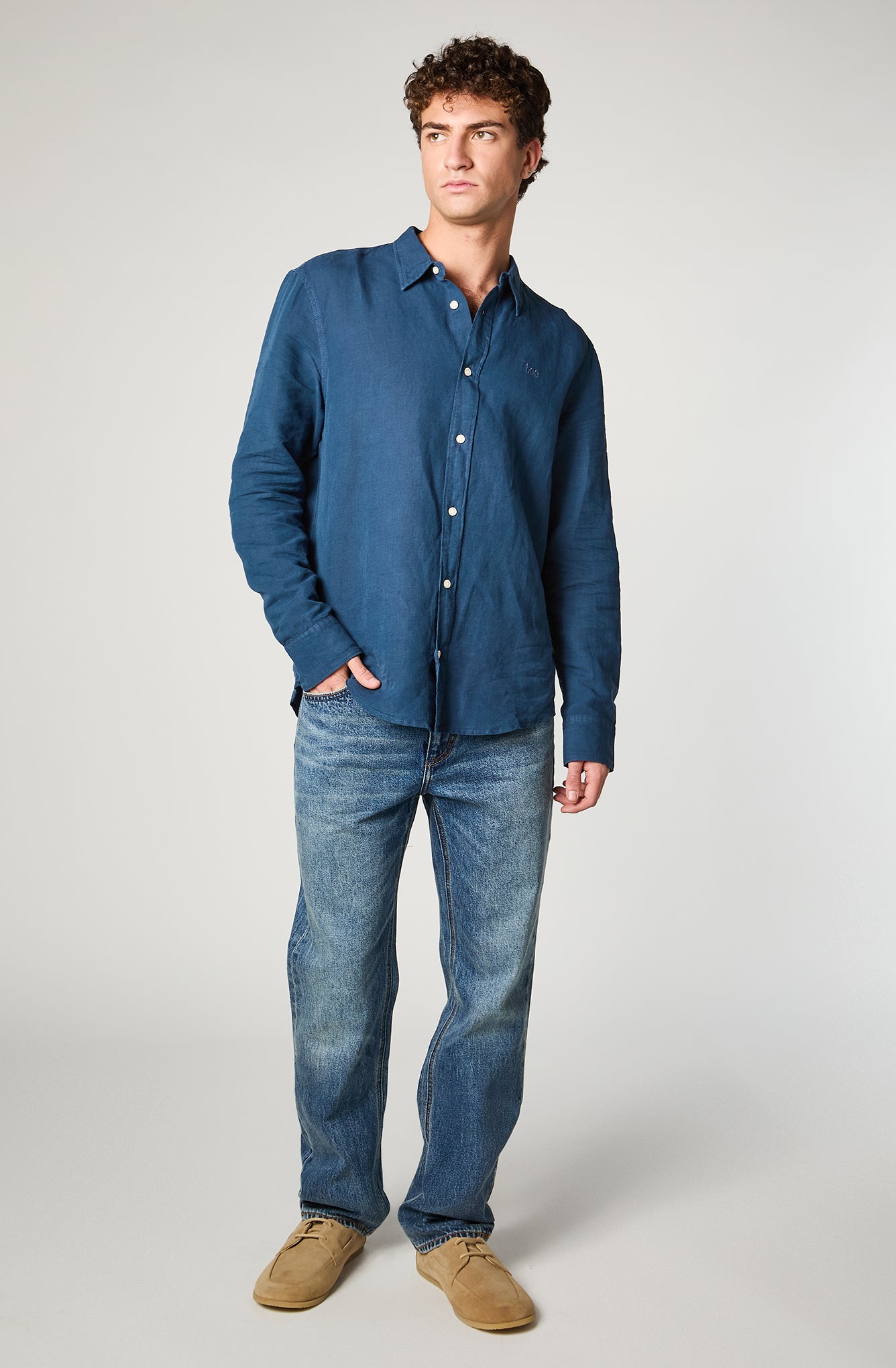 Camisa M/L Hombre Patch Clean Linen Azul