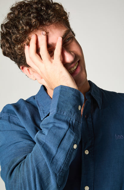 Camisa M/L Hombre Patch Clean Linen Azul