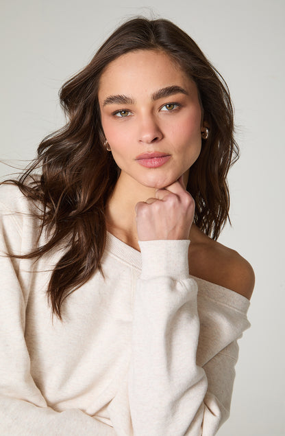 Polerón Mujer Cuello Bote Relaxed Fit Ecru Melange