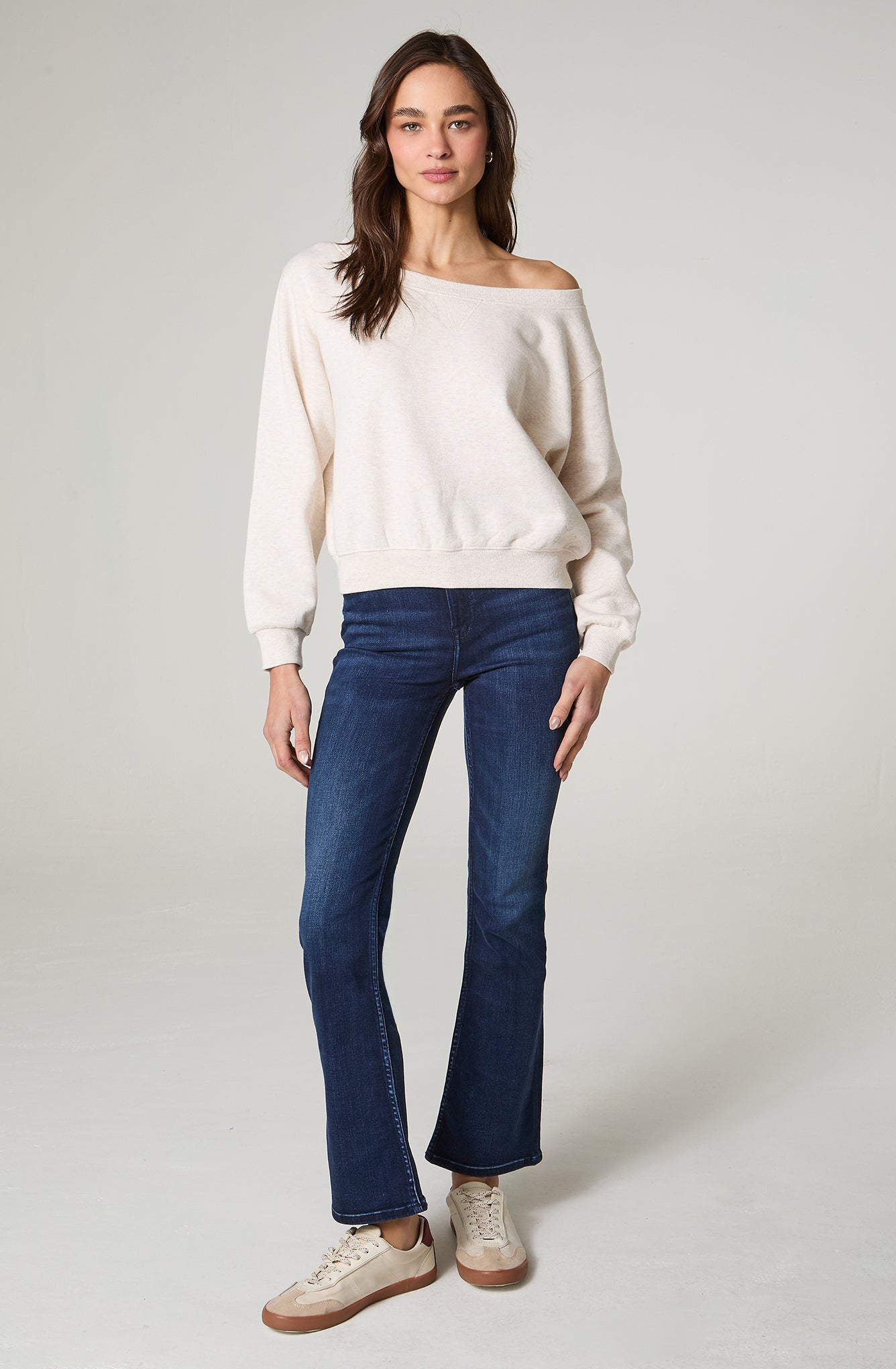 Polerón Mujer Cuello Bote Relaxed Fit Ecru Melange